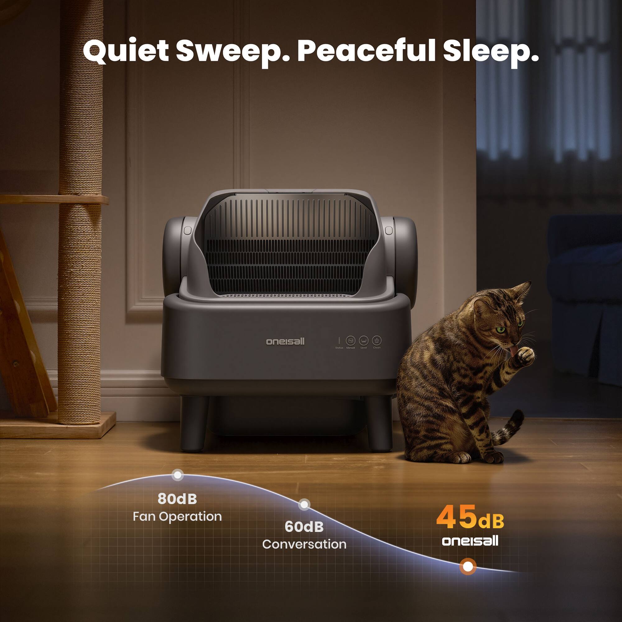 Quiet Sweep. Peaceful Sleep.

80dB Fan Operation  
60dB Conversation  
45dB oneisall