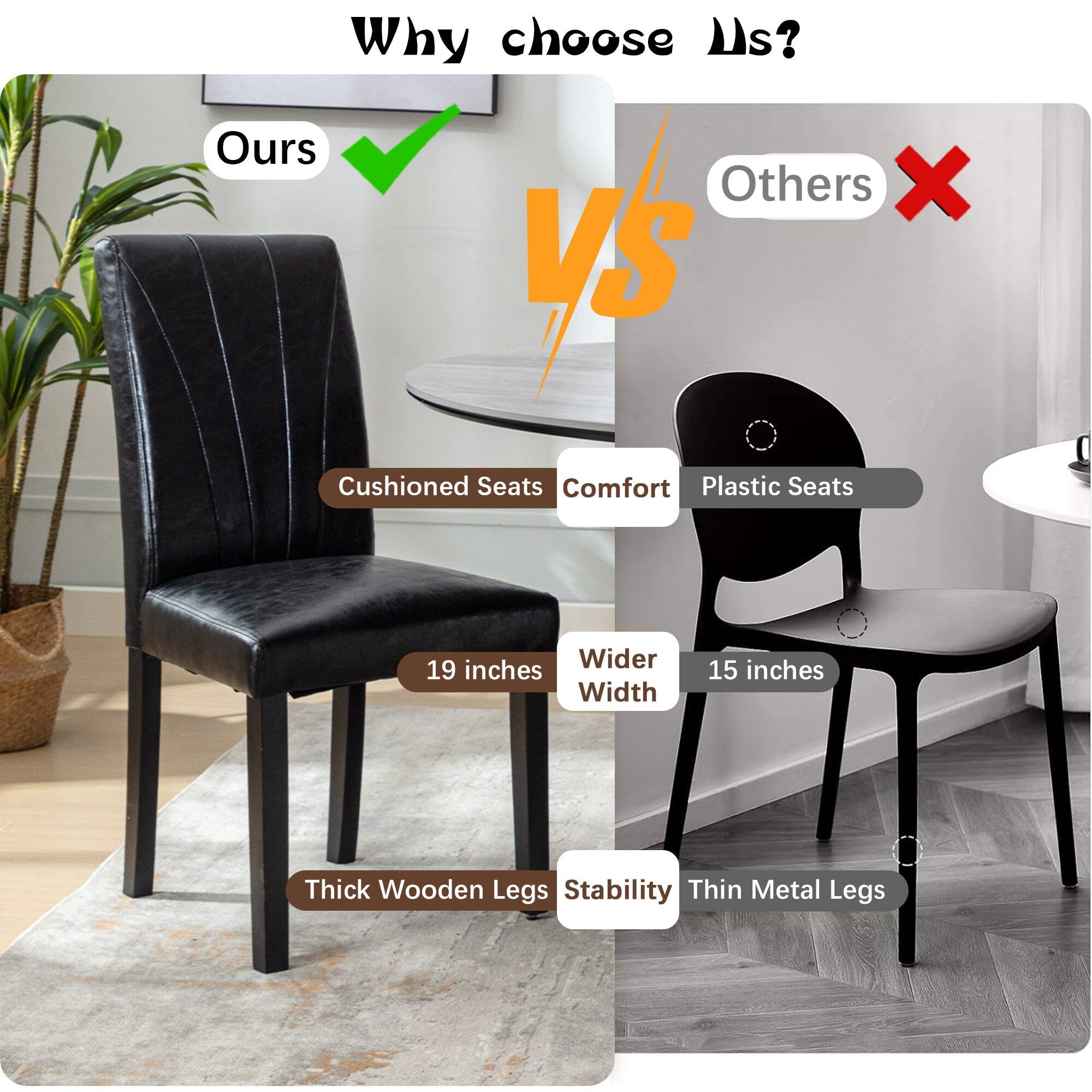 Why choose Us?

**Ours**  
- Cushioned Seats  
- 19 inches Width  
- Thick Wooden Legs  
- Stability  

**Others**  
- Plastic Seats  
- 15 inches Width  
- Thin Metal Legs