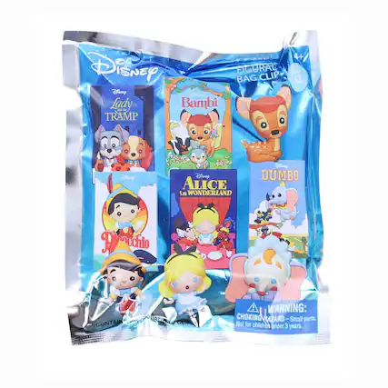 4+ Disney FIGURAL BAG CLIP Series 42
Disney Lady and the Tramp
Disney Bambi
Disney Alice in Wonderland
Disney Dumbo
Disney Pinocchio
WARNING: CHOKING HAZARD - Small parts. Not for children under 3 years.