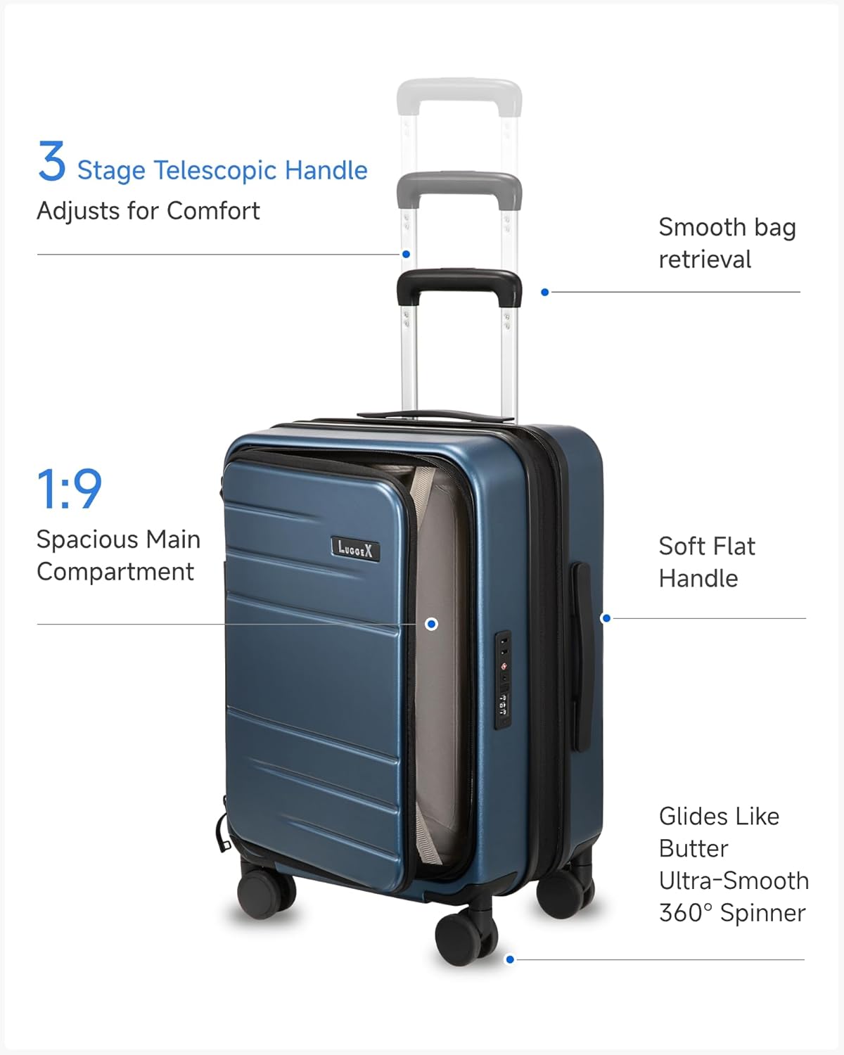 3 Stage Telescopic Handle Adjusts for Comfort  
Smooth bag retrieval  
1:9 Spacious Main Compartment  
Soft Flat Handle  
Glides Like Butter  
Ultra-Smooth 360° Spinner