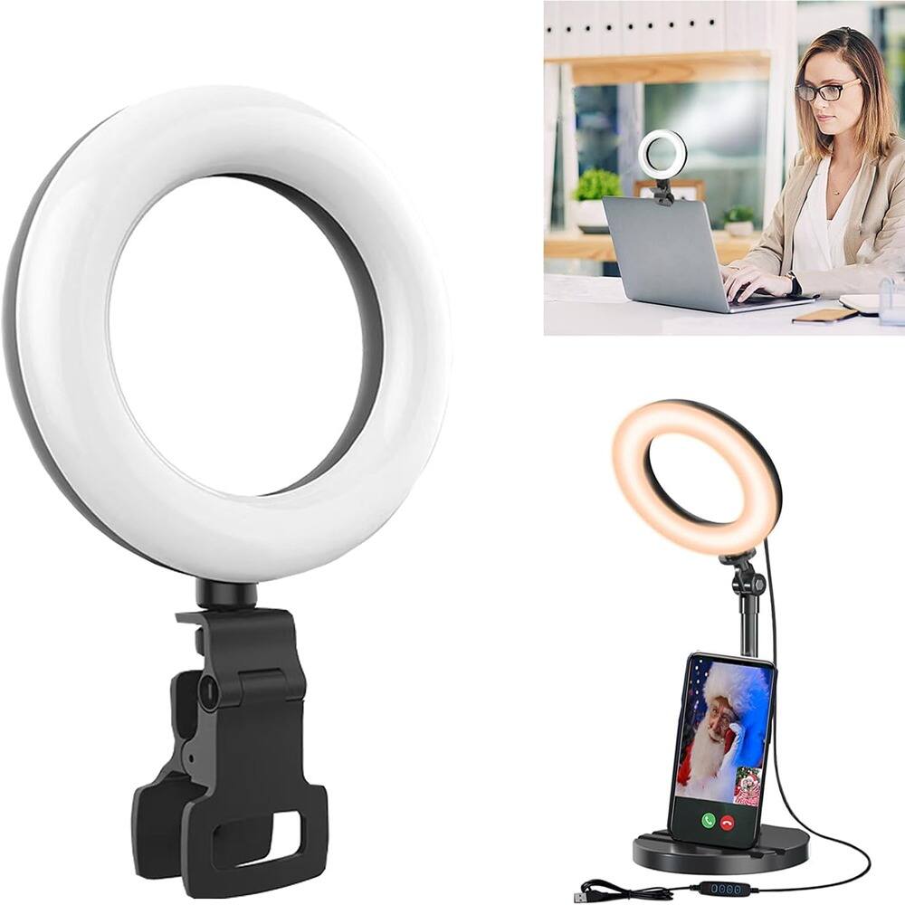 Schertz - Ring Light with Stand & Desk Clip, Upgraded 10W Travel Desktop LED Light (3000K-6500K) for Phone, Laptop, Selfie, Zoom,