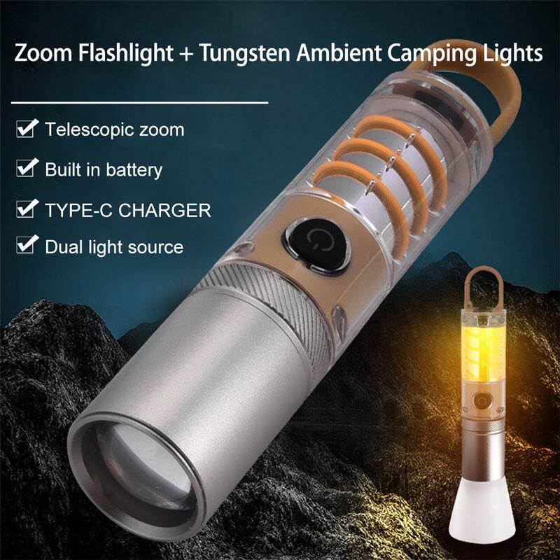 Zoom Flashlight + Tungsten Ambient Camping Lights

- Telescopic zoom
- Built-in battery
- TYPE-C CHARGER
- Dual light source