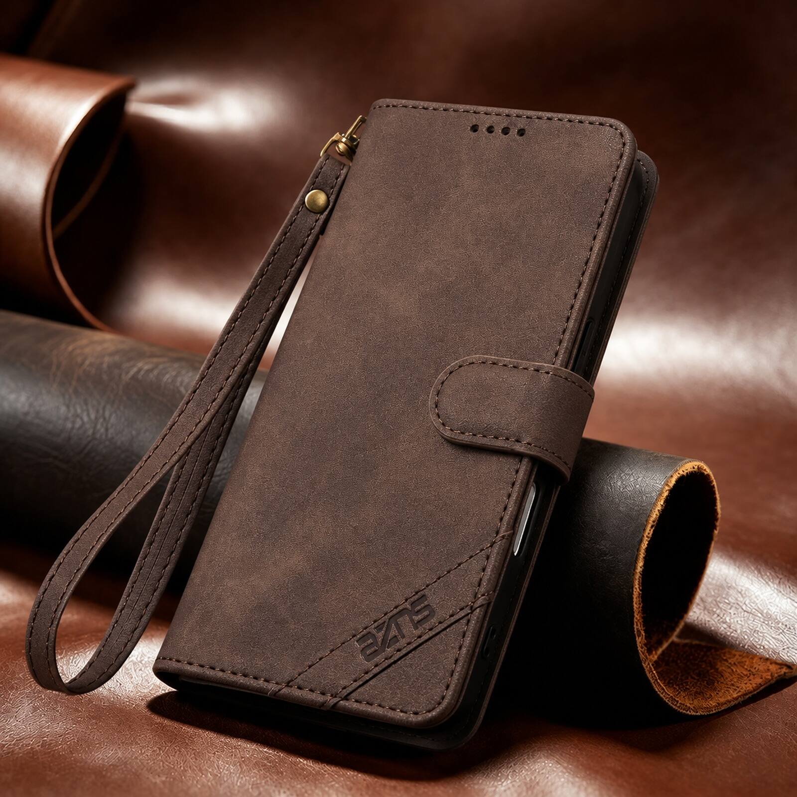 Left. Dteck - Magnetic Wallet Case For Apple iPhone 18 Pro, Shockproof Card Pocket RFID Blocking Stand Strap Flip Folio Cover - Brown.