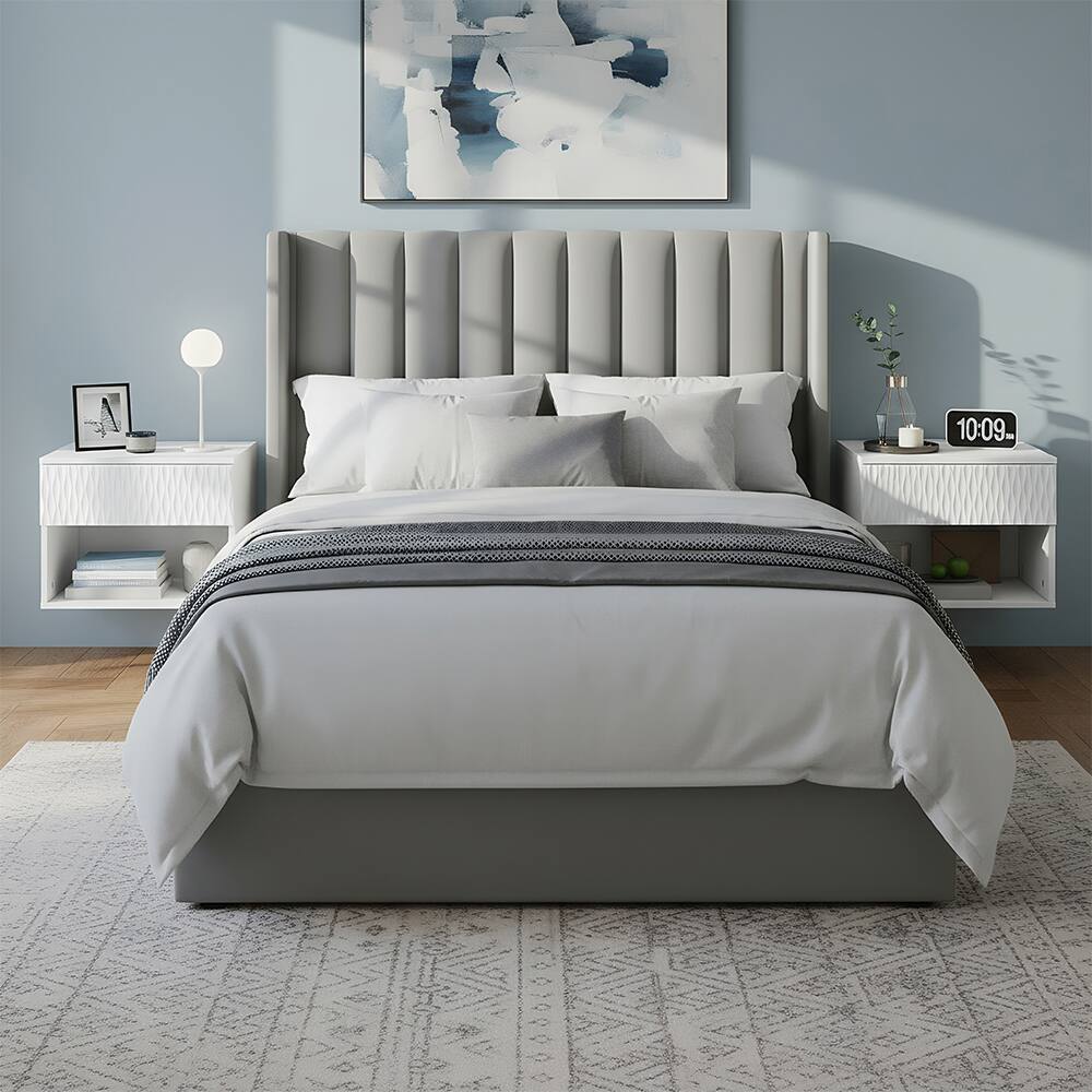 Back. Spaco - Spaco Set of 2 Wall-Mounted Nightstands, Floating Bedside Cabinet with Drawer, Open Shelf and Carved Surface for Bedroom - White.