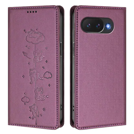 Front. Dteck - for Google Pixel 10a Shockproof Case,Slim Cute Cat Embossed PU Leather RFID Blocking Wallet Flip Card Holder Cover - Darkpurple.
