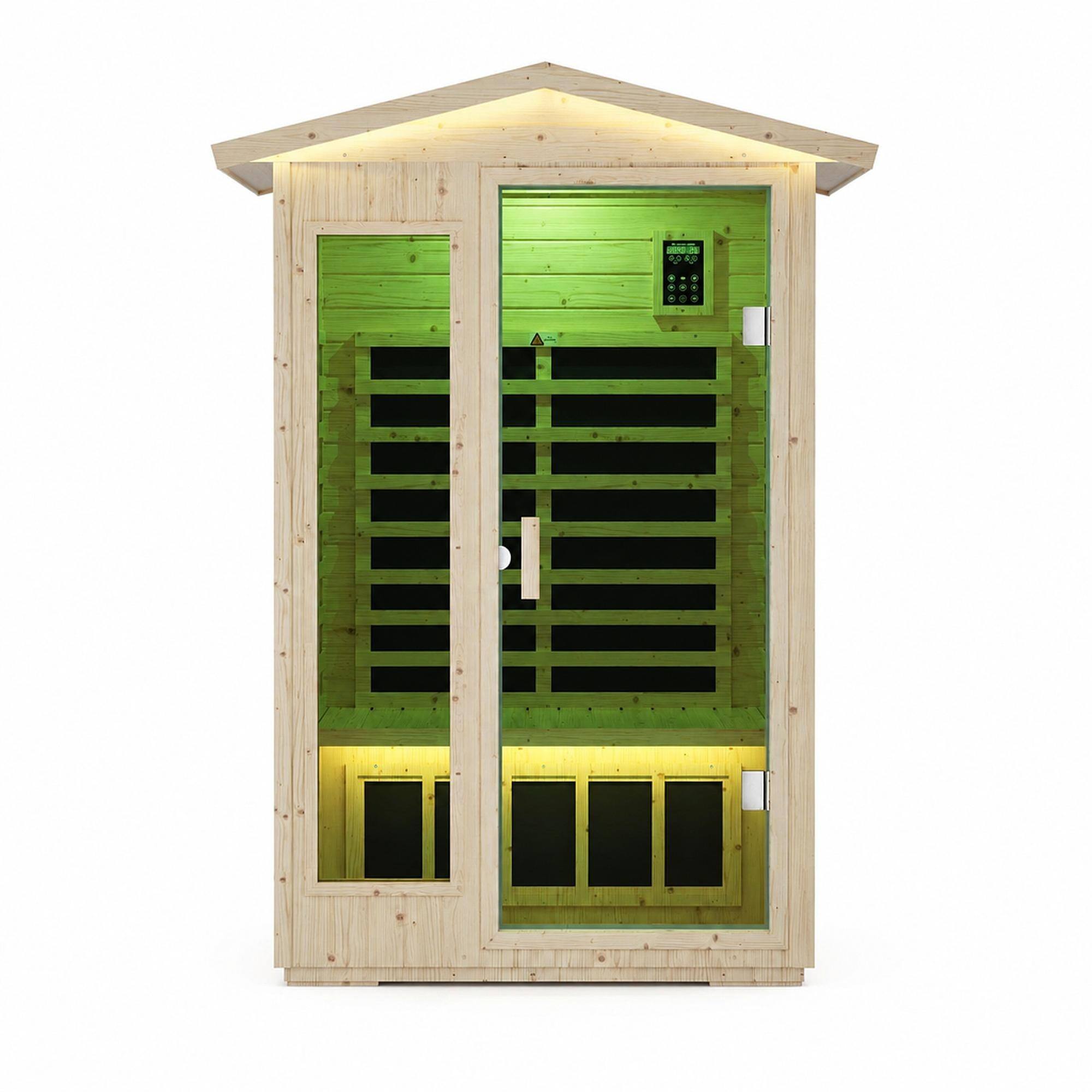 Front. RYHNUYNE - XY-902VY Far Infrared Sauna Room, Norway Spruce Construction, 6 Heating Plates, 1850W, Indoor Outdoor Use - Natural Wood.