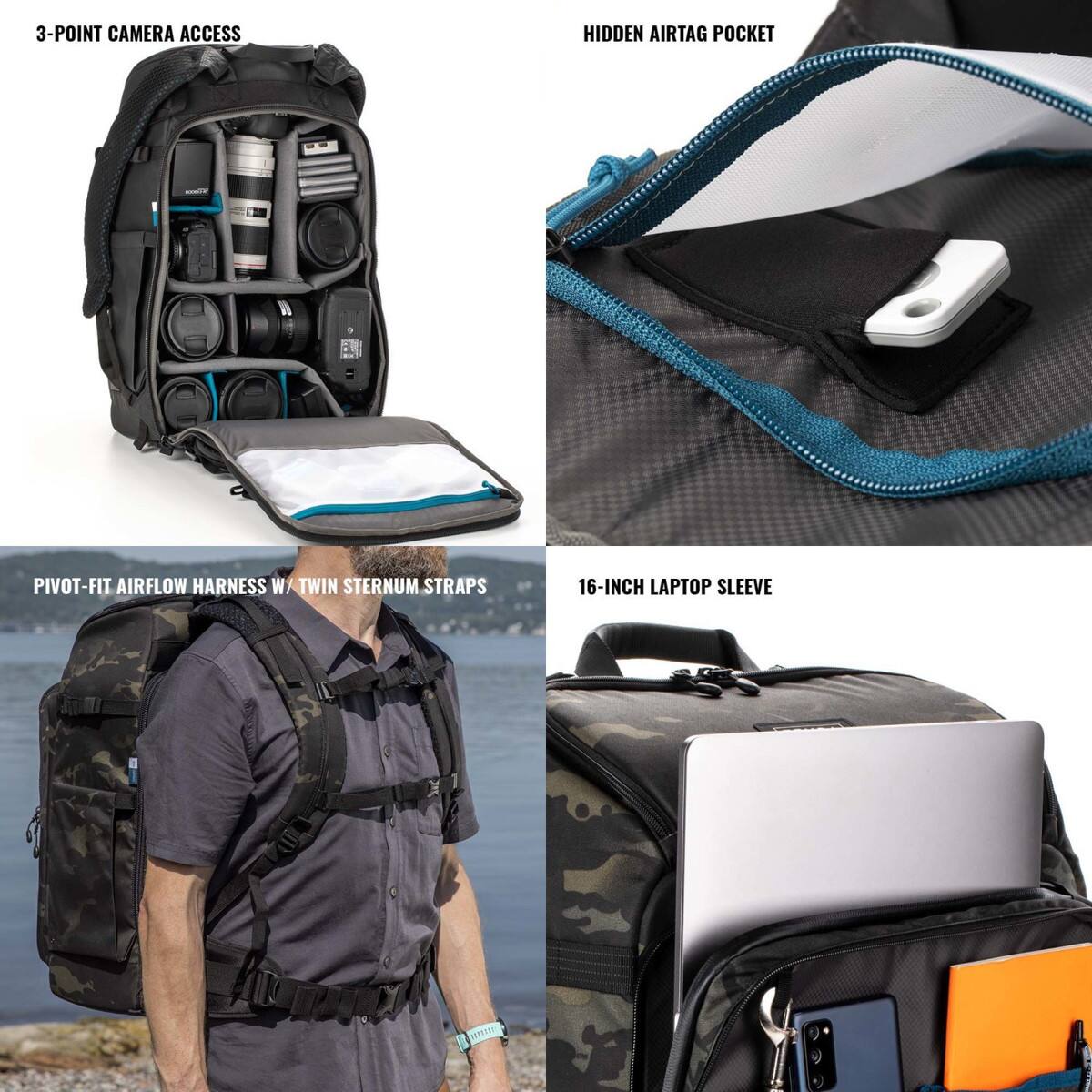 3-POINT CAMERA ACCESS  
HIDDEN AIRTAG POCKET  
PIVOT-FIT AIRFLOW HARNESS W/ TWIN STERNUM STRAPS  
16-INCH LAPTOP SLEEVE