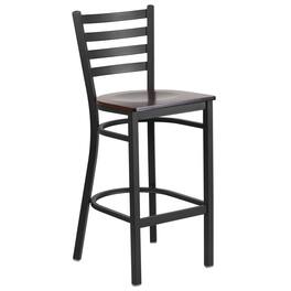 Emma + Oliver - Ladder Back Metal Restaurant Dining Barstool - Walnut Wood Seat/Black Metal Frame
