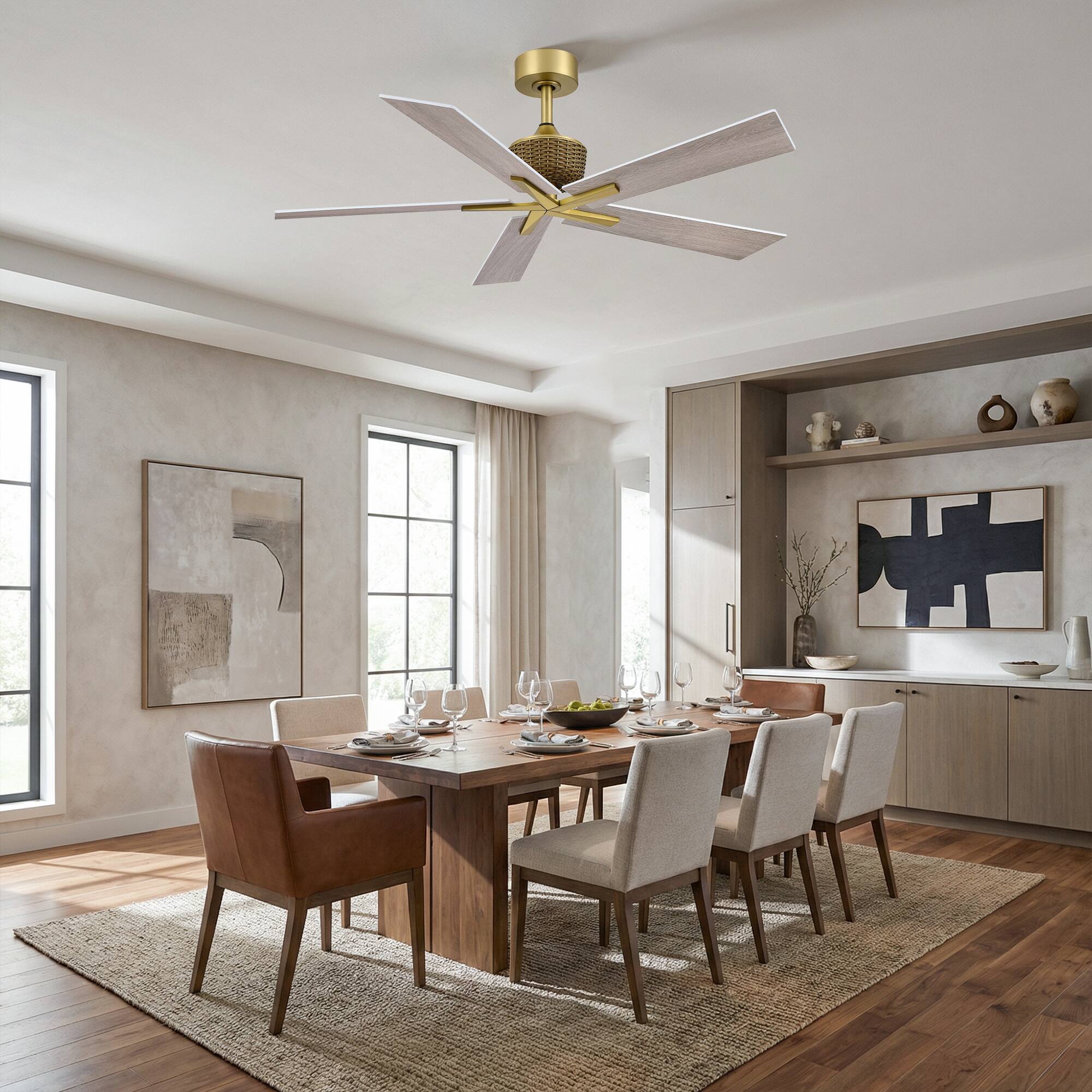 Angle. Parrot Uncle - 52" Weathered Grey Oak Plywood 5-Blade Indoor Ceiling Fan with Remote and No Light - Gold.