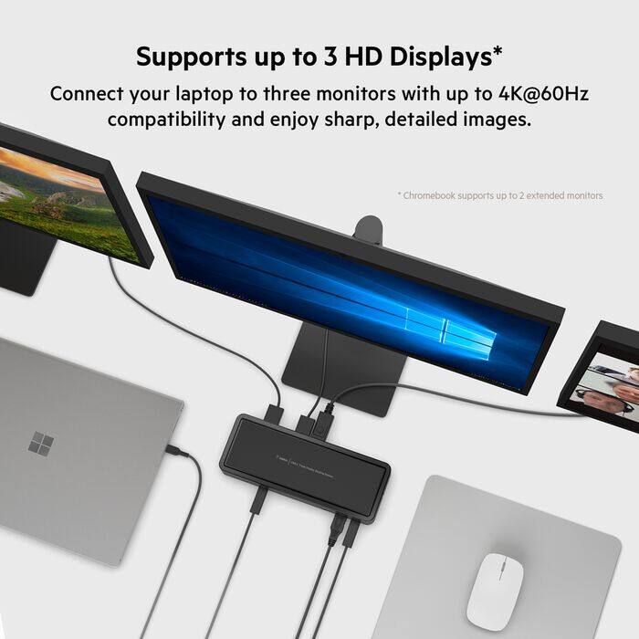 Supports up to 3 HD Displays*

Connect your laptop to three monitors with up to 4K@60Hz compatibility and enjoy sharp, detailed images.

*Chromebook supports up to 2 extended monitors
