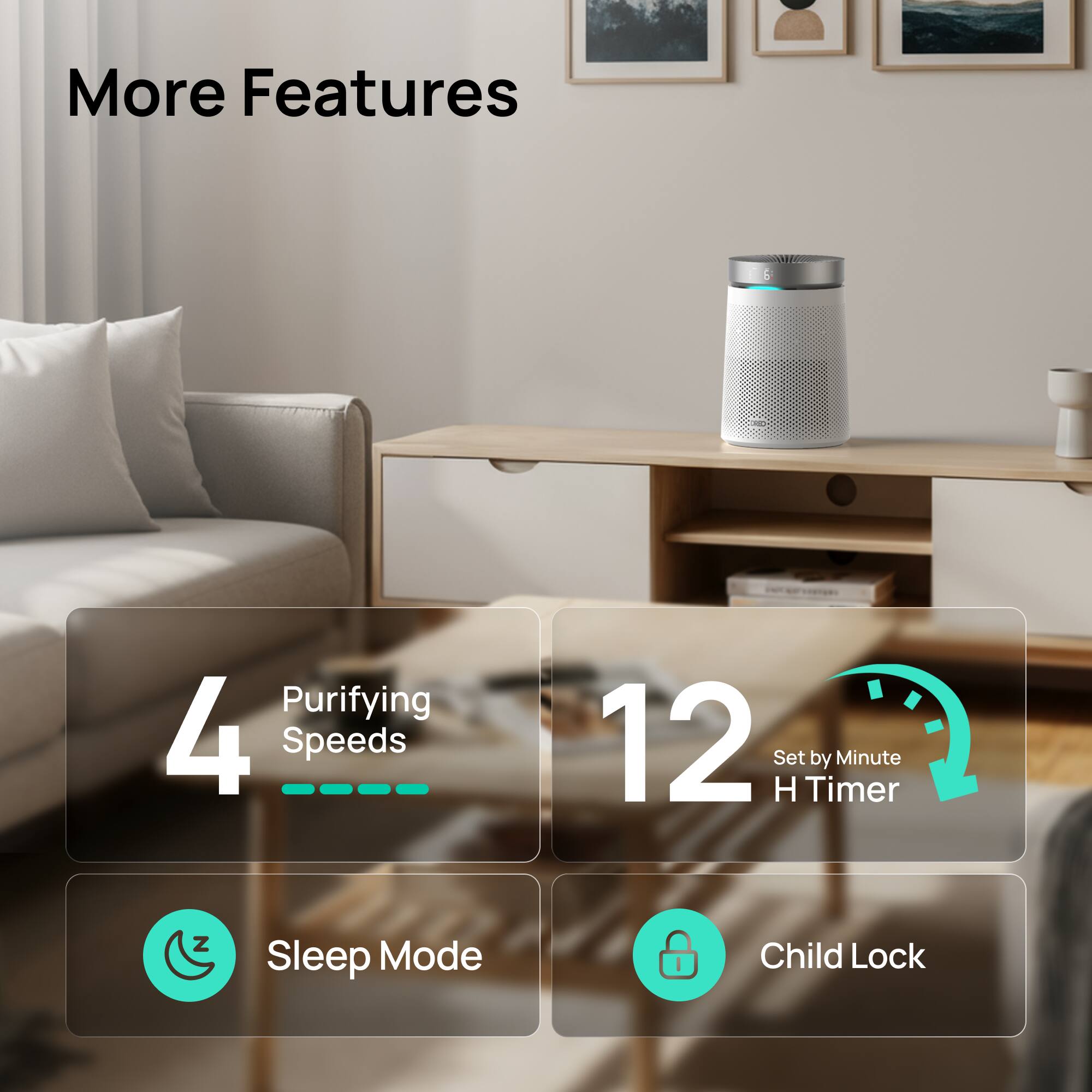 More Features

- Purifying 4 Speeds
- 12 Set H Timer by Minute
- Sleep Mode
- Child Lock