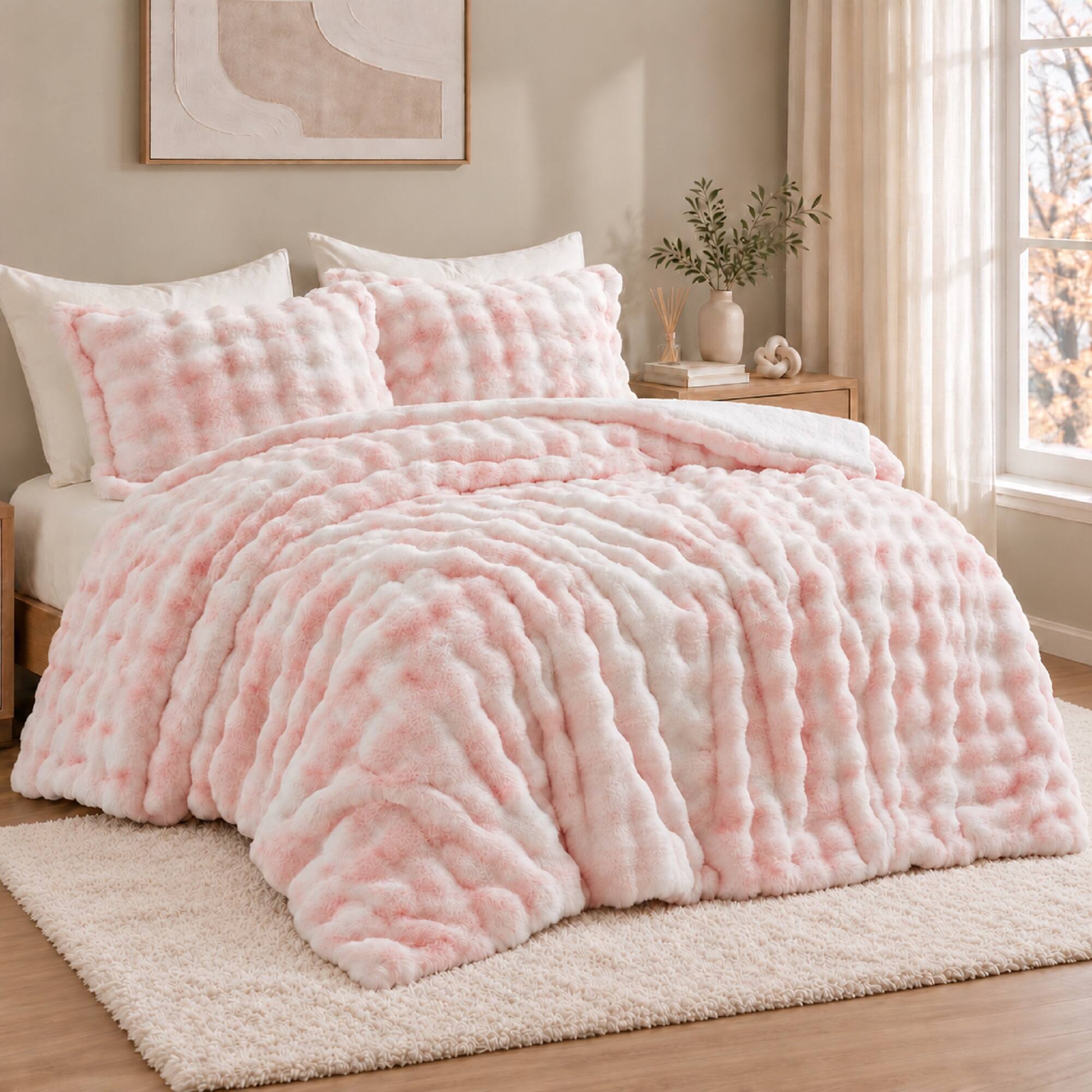 Angle. Peace Nest - Peace Nest Ultra-Soft Faux Fur Comforter Set with Plush Tie-Dye & Reversible Sherpa, Pink, King - Pink.