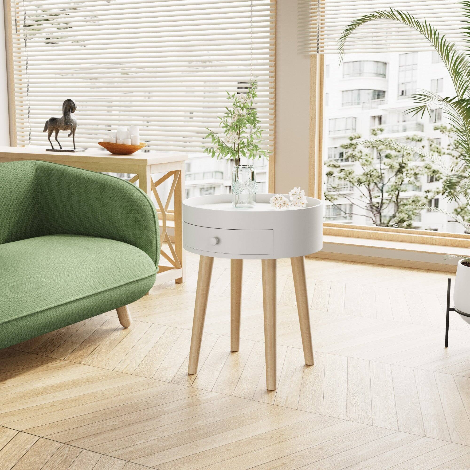 Alt View 3. Boyel Living - 18 in White Nightstand with Storage Drawer and Solid Oak Legs - White.