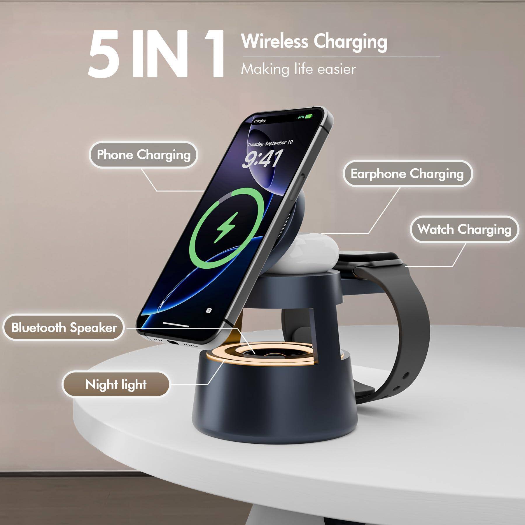 5 IN 1 Wireless Charging  
Making life easier  

- Phone Charging  
- Earphone Charging  
- Watch Charging  
- Bluetooth Speaker  
- Night light
