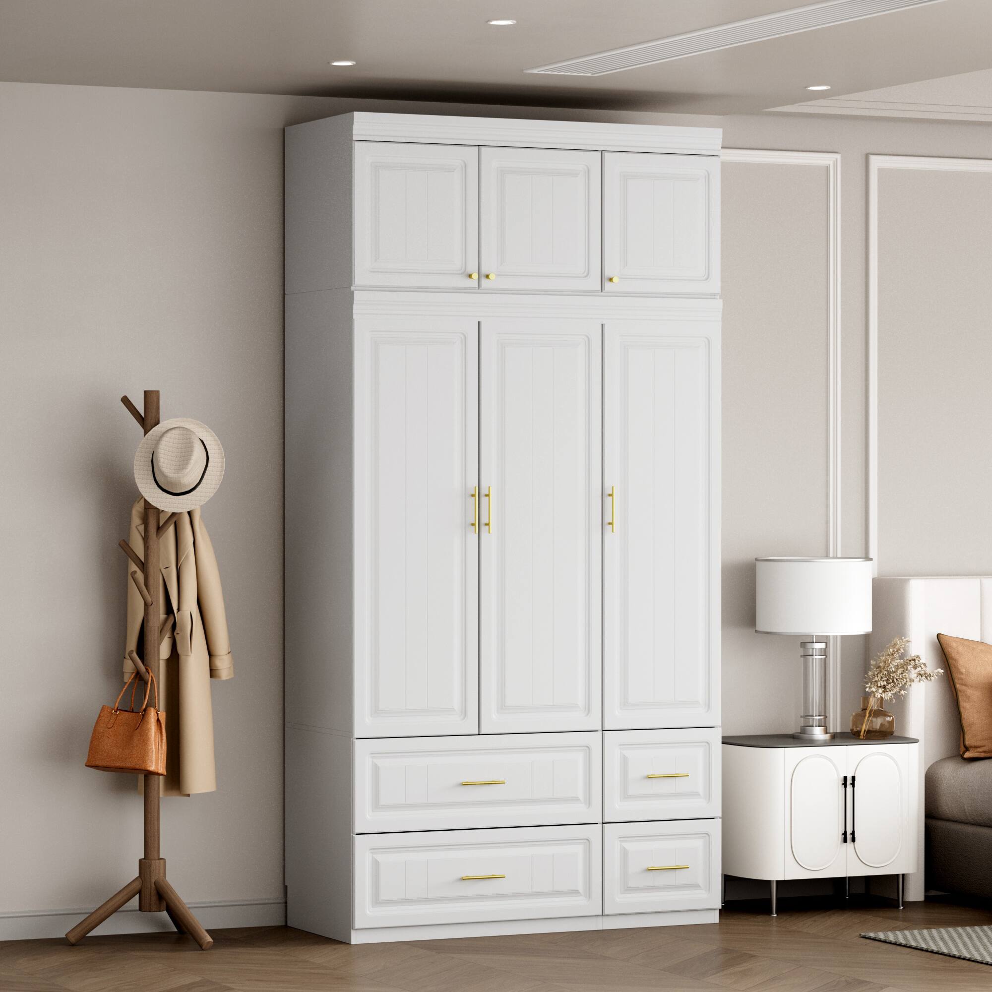 Angle. Famapy - Extra-Large Wardrobe with Top Cabinet – White Closet with Gold Handles, Hanging Rods, Drawers & Shelving - White.