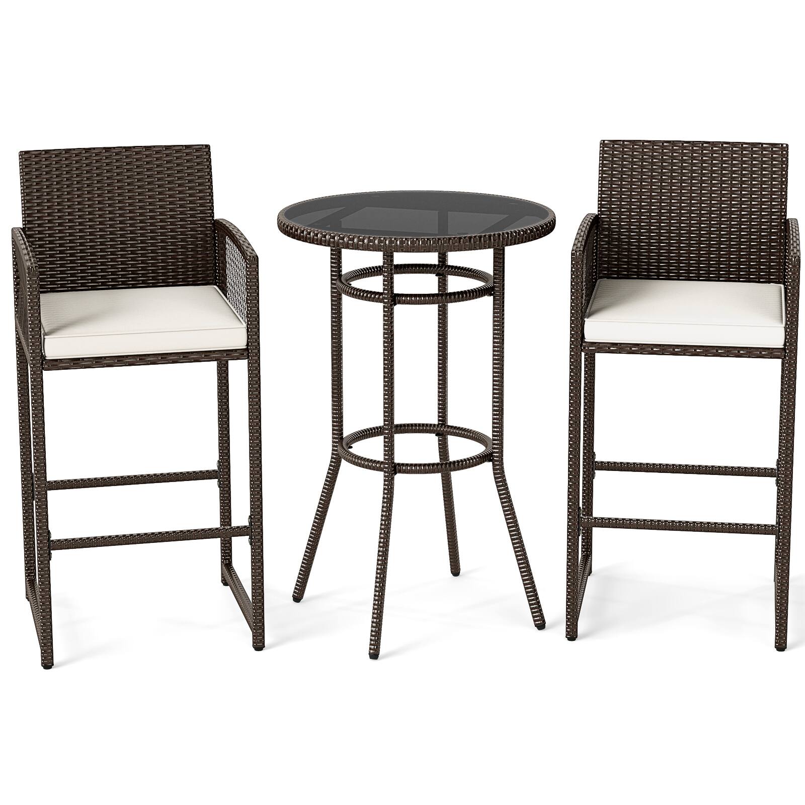 Alt View 5. Gymax - Gymax 3 Piece Wicker Patio Bar Set w/ 2 Seat Cushions Glass Tabletop for Backyard - Brown.