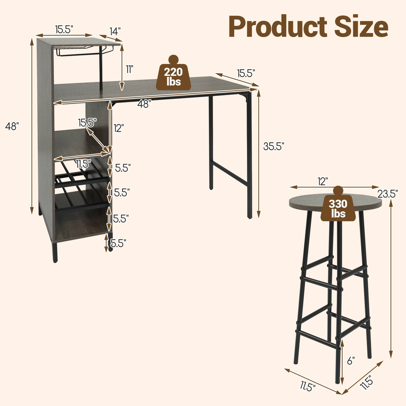 15.5"  
14"  
Product Size  
11"  
220 lbs  
15.5"  
48"  
48"  
15.5  
12"  
11.5"  
5.5" 5.5" 5.5"  
35.5"  
12" 330 lbs  
23.5  
(5.5"  
11.5"  
6" 11.5"