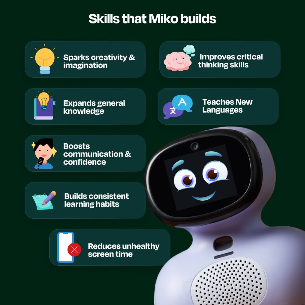 Skills that Miko builds

- Sparks creativity & imagination
- Improves critical thinking skills
- Expands general knowledge
- Teaches New Languages
- Boosts communication & confidence
- Builds consistent learning habits
- Reduces unhealthy screen time