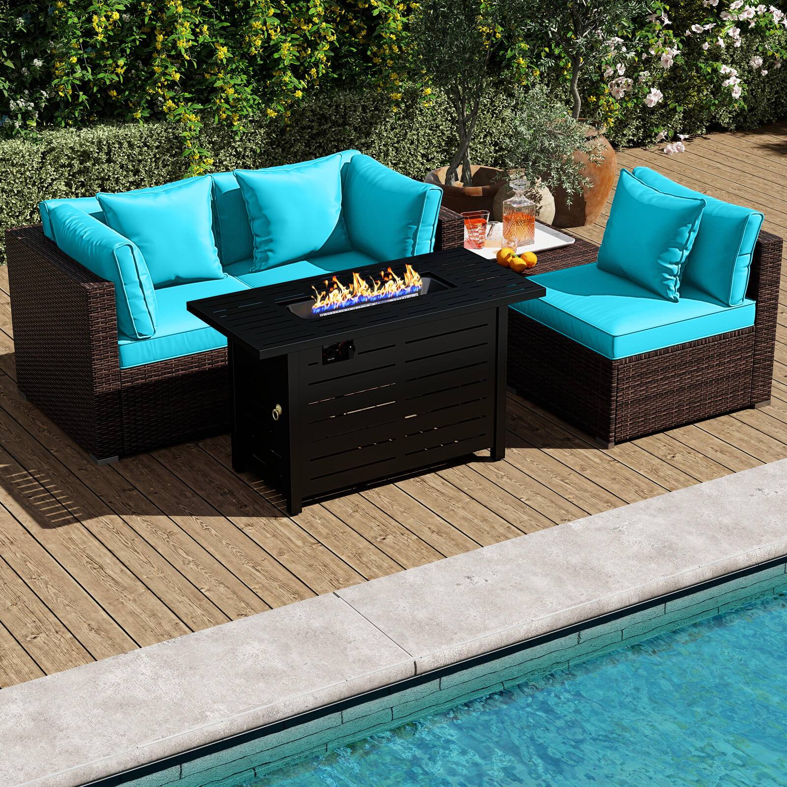 Alt View 4. Costway - Costway 5 PCS Patio Furniture Set Heavy-duty Frame Rattan Sofa Set with 60,000 BTU Firepit Table - Turquoise.