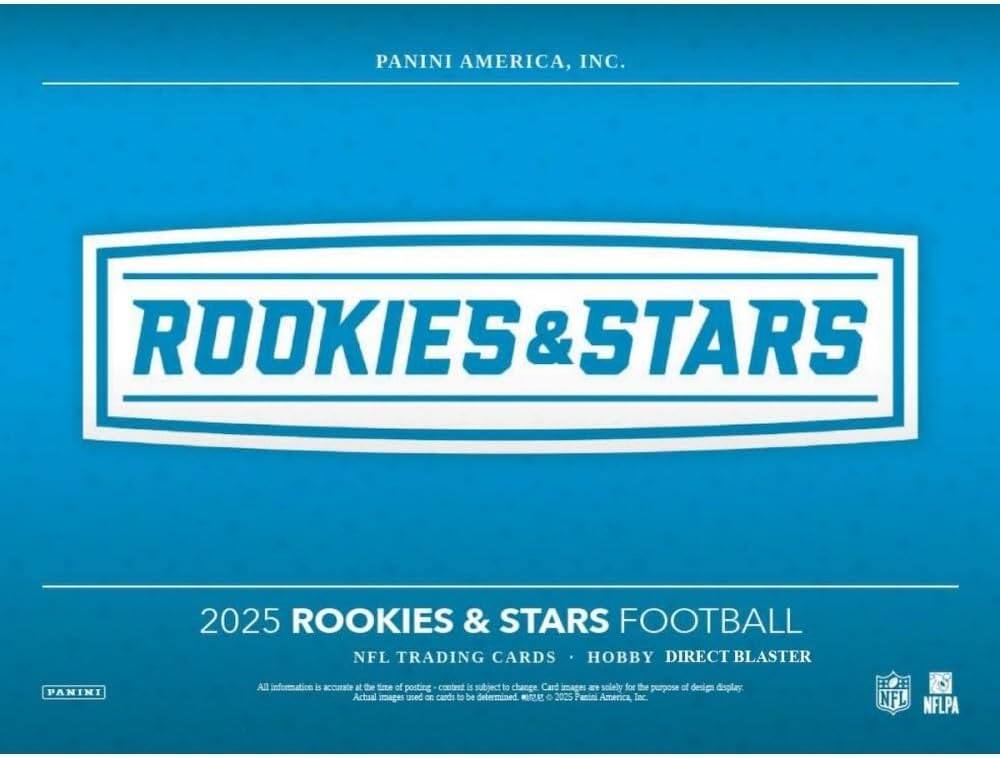 PANINI AMERICA, INC.  
ROOKIES & STARS  
2025 ROOKIES & STARS FOOTBALL  
NFL TRADING CARDS • HOBBY DIRECT BLASTER  

All information is accurate at the time of posting. Content is subject to change. Card images are solely for the purpose of design display. Actual images used on cards to be determined.  
© 2025 Panini America, Inc.  
NFL NFLPA