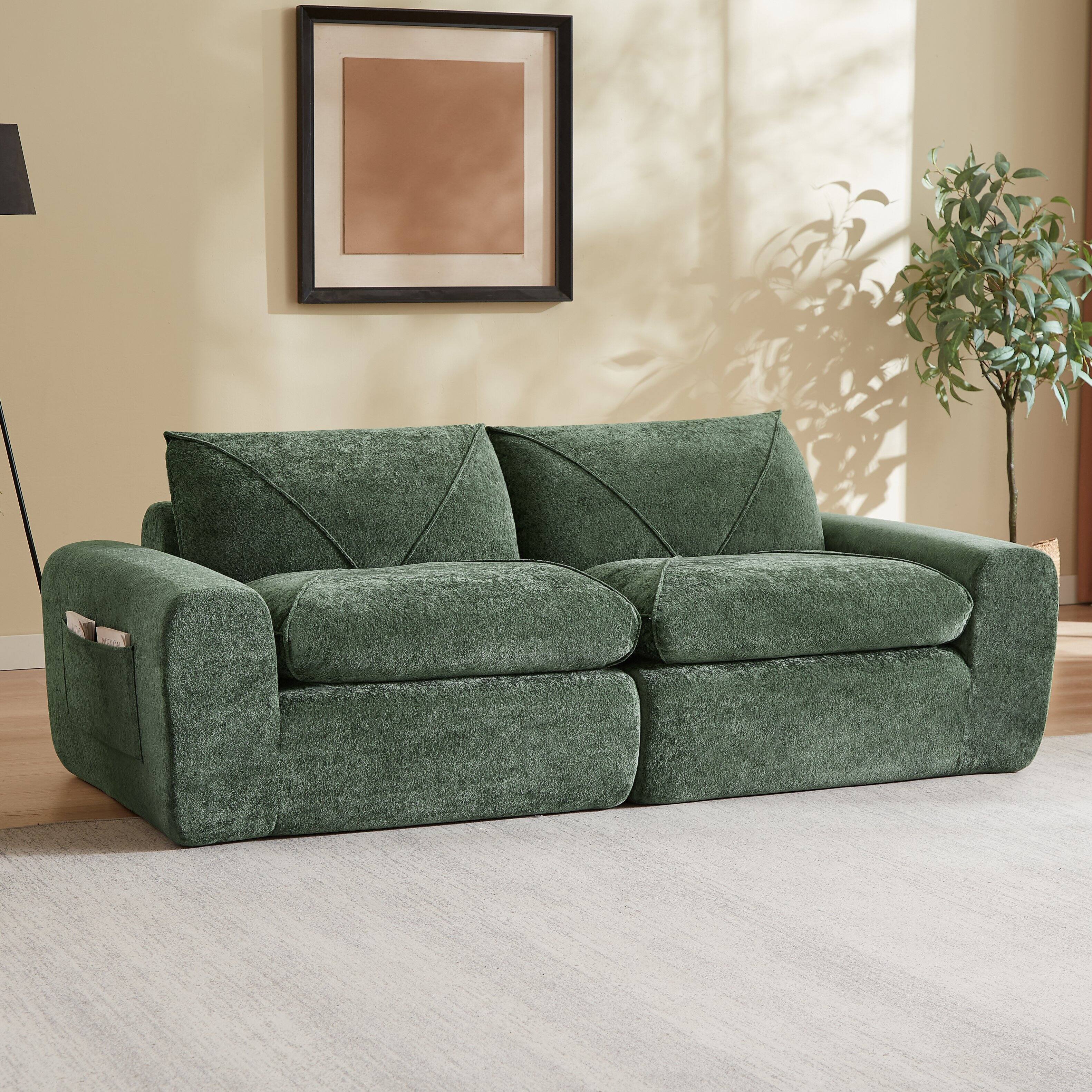 Angle. Loheer - Loheer 85 Inch Beige Chenille Sectional Sofa Modern Minimalist Modular Couch with Ottoman for Living Room - Green.