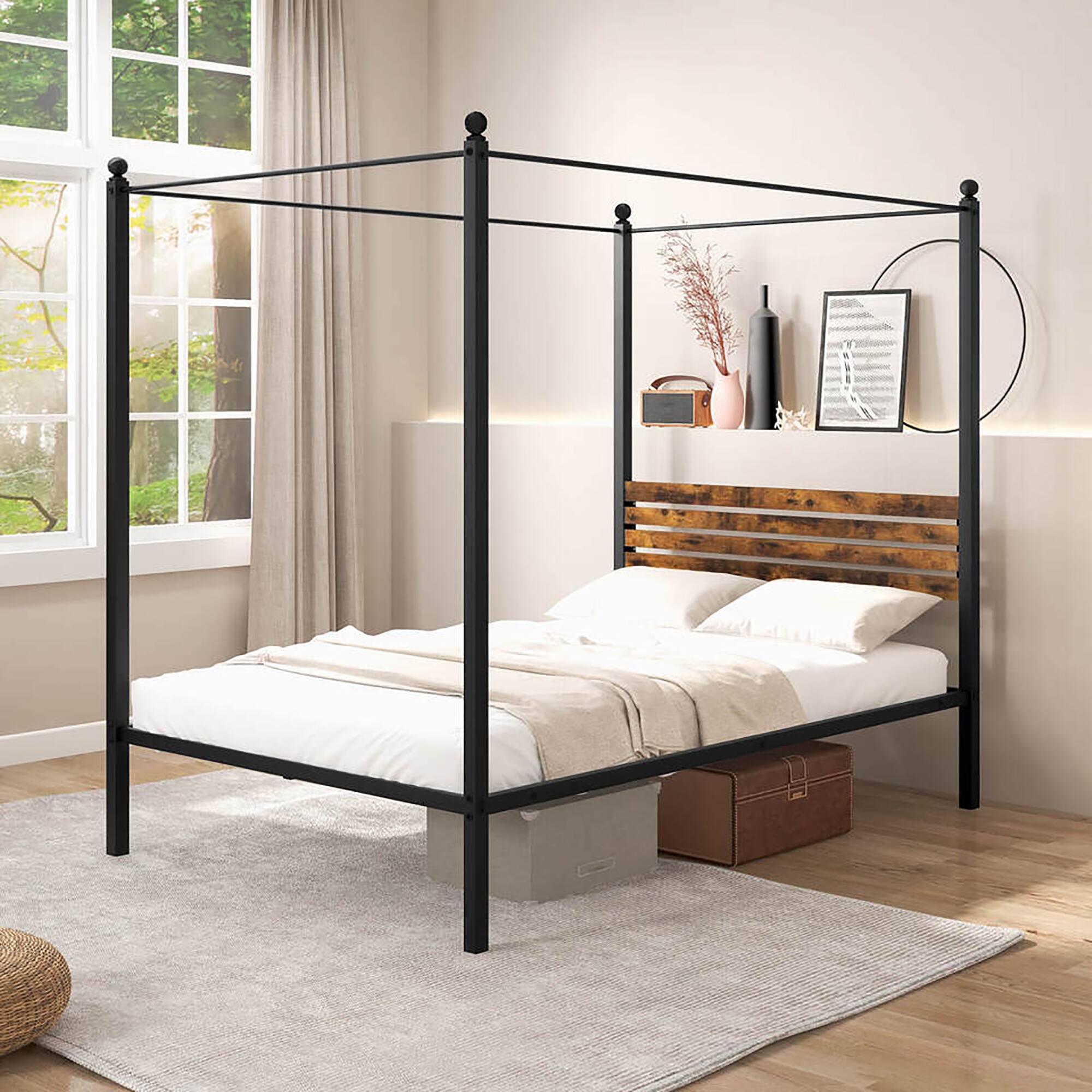 Alt View 3. Gymax - Gymax Full Size 4-Post Canopy Bed Frame Rustproof Metal Noise-free with Foot Pads - Rustic Brown, Black.