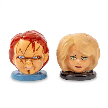 Front. Silver Buffalo - Child's Play Chucky and Tiffany Ceramic Salt and Pepper Shaker Set - Beige.