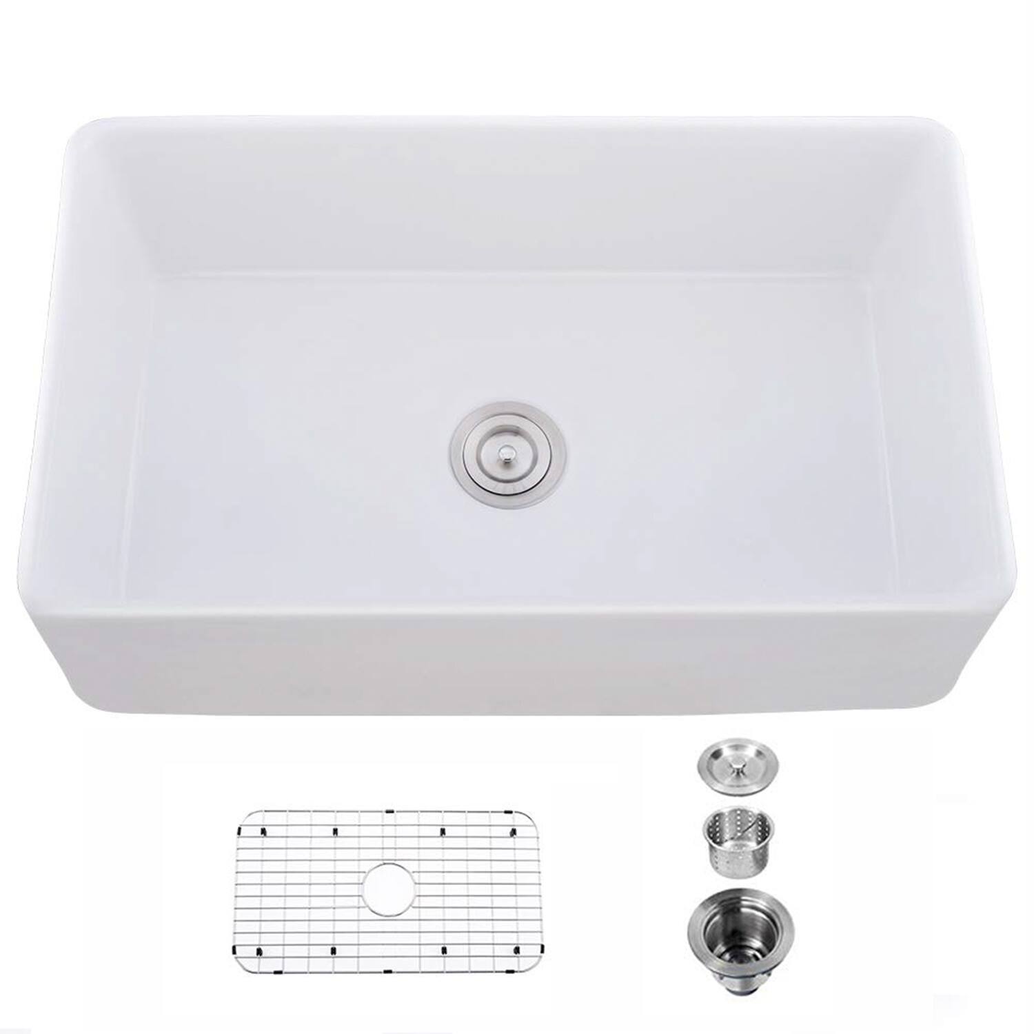 33x20 Inch Single Basin Ceramic Farmhouse Kitchen Sink with Basket Strainer