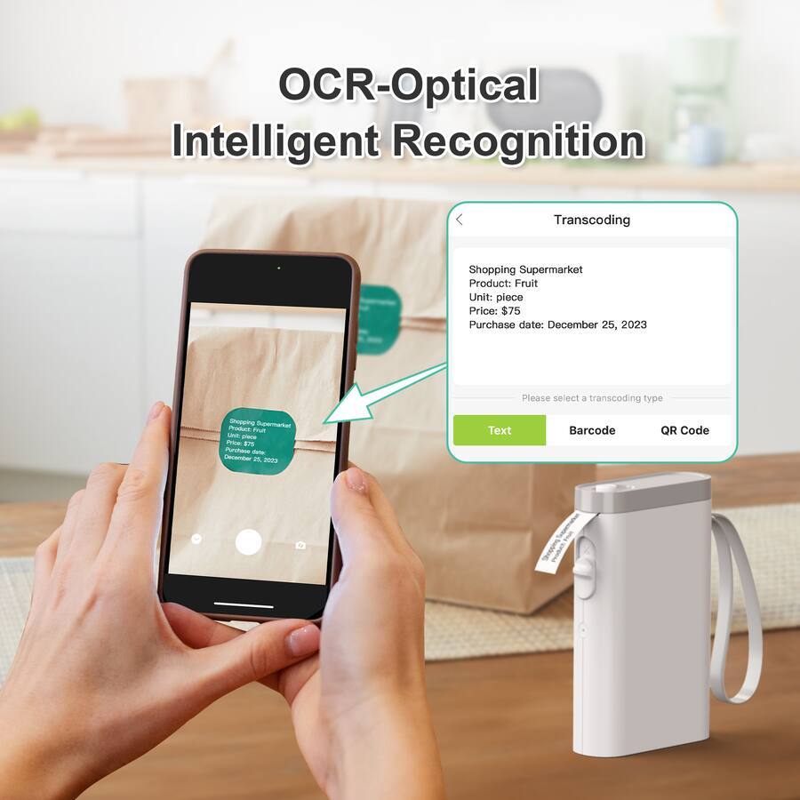OCR-Optical Intelligent Recognition Transcoding

Shopping Supermarket  
Product: Fruit  
Unit: piece  
Price: $75  
Purchase date: December 25, 2023  

Please select a transcoding type  
Text Barcode QR Code