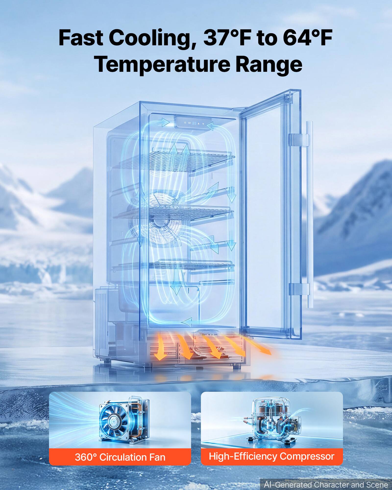 Fast Cooling, 37°F to 64°F Temperature Range

360° Circulation Fan

High-Efficiency Compressor

AI-Generated Character and Scene
