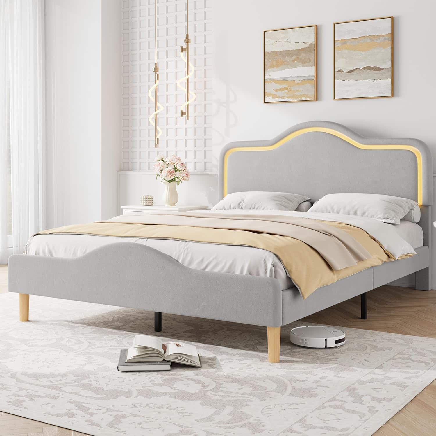 Homhougo - Queen Size Velvet Bed Frame with LED Head/Footboard, Princess Platform Bed, Slats Support - Gray