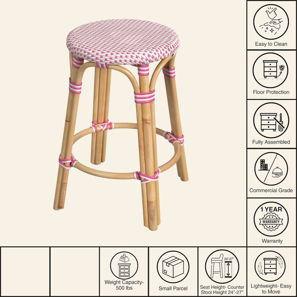Easy to Clean  
Floor Protection  
Fully Assembled  
Commercial Grade  
1 YEAR WARRANTY  
Weight Capacity- 500 lbs  
Small Parcel  
Seat Height- Counter Stool Height 24"-27"  
Lightweight- Easy to Move