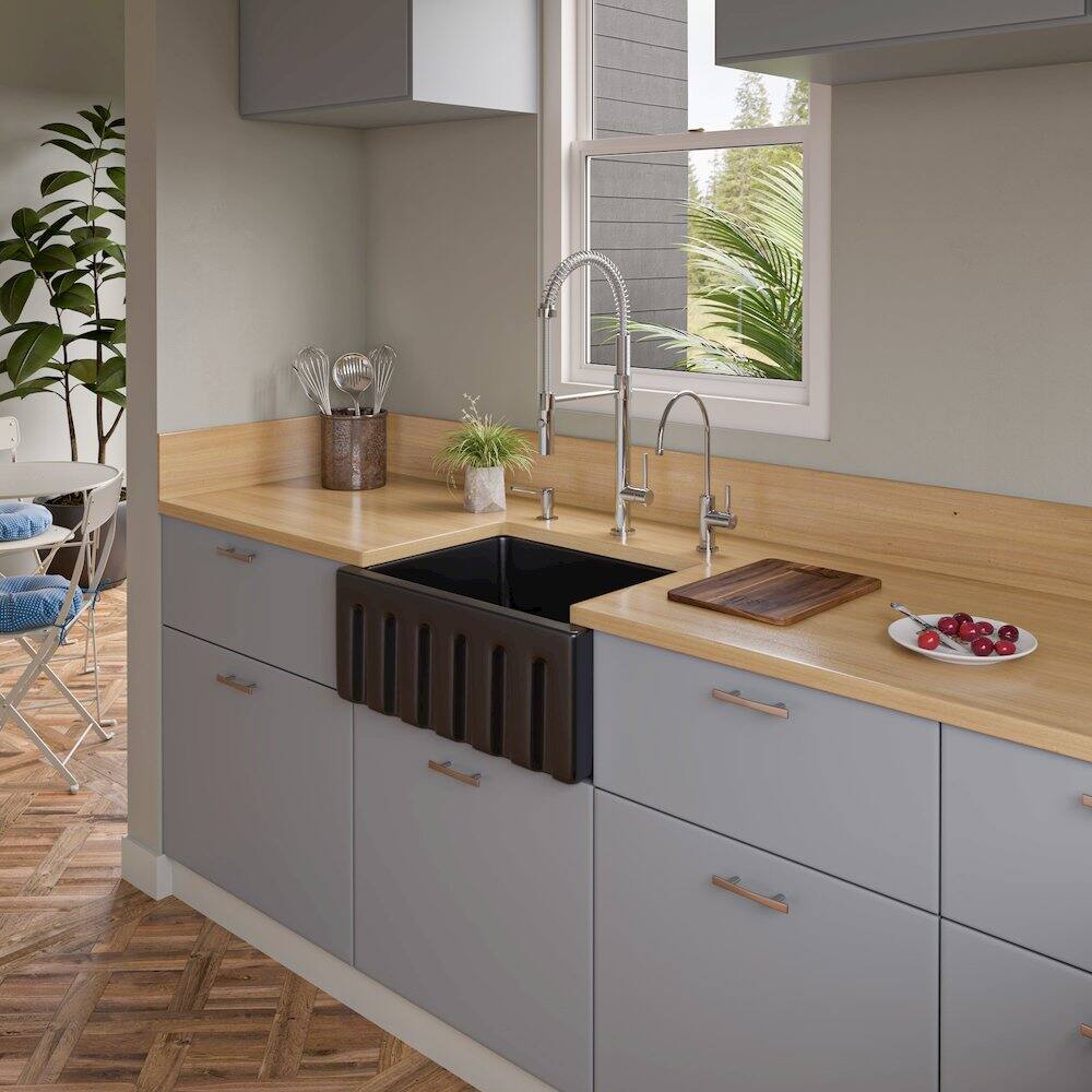 Alt View 4. Alfi - ALFI brand 24 Black Gloss Reversible Smooth / Fluted Single Bowl Fireclay Farm Sink - Black Gloss.