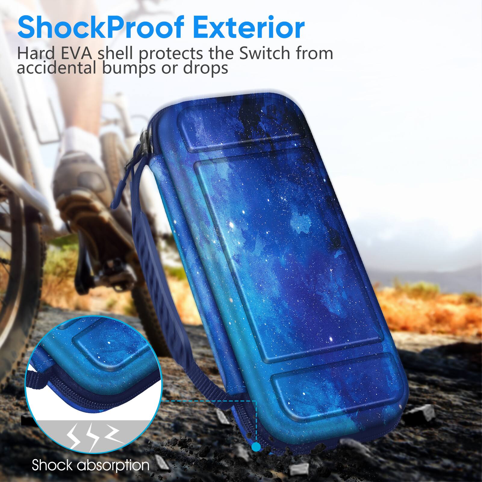 ShockProof Exterior Hard EVA shell protects the Switch from accidental bumps or drops  
SSZ Shock absorption