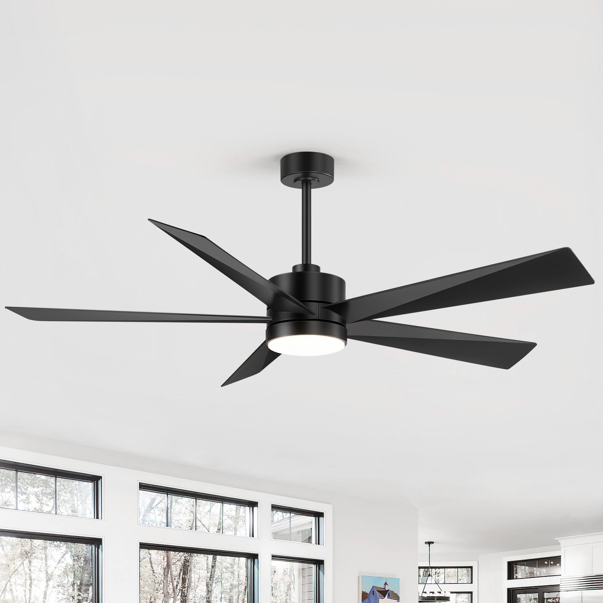 Front. Breezary - 65-Inch Ceiling Fan with 5-Blade, 3-Color Light, 6-Speed DC Motor, 6"/12" Downrods, Remote with Timer & Memory - Matte Black.