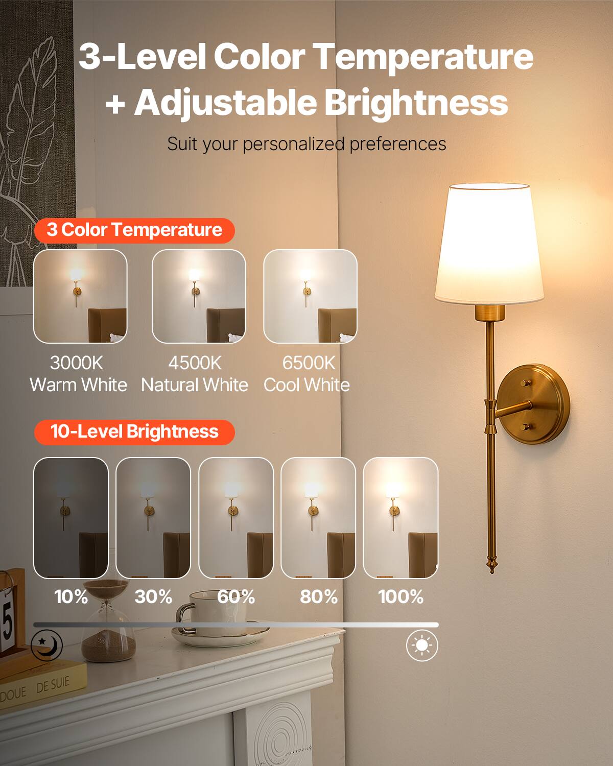 3-Level Color Temperature + Adjustable Brightness  
Suit your personalized preferences  

3 Color Temperature  
3000K Warm White  
4500K Natural White  
6500K Cool White  

10-Level Brightness  
10%  
30%  
60%  
80%  
100%
