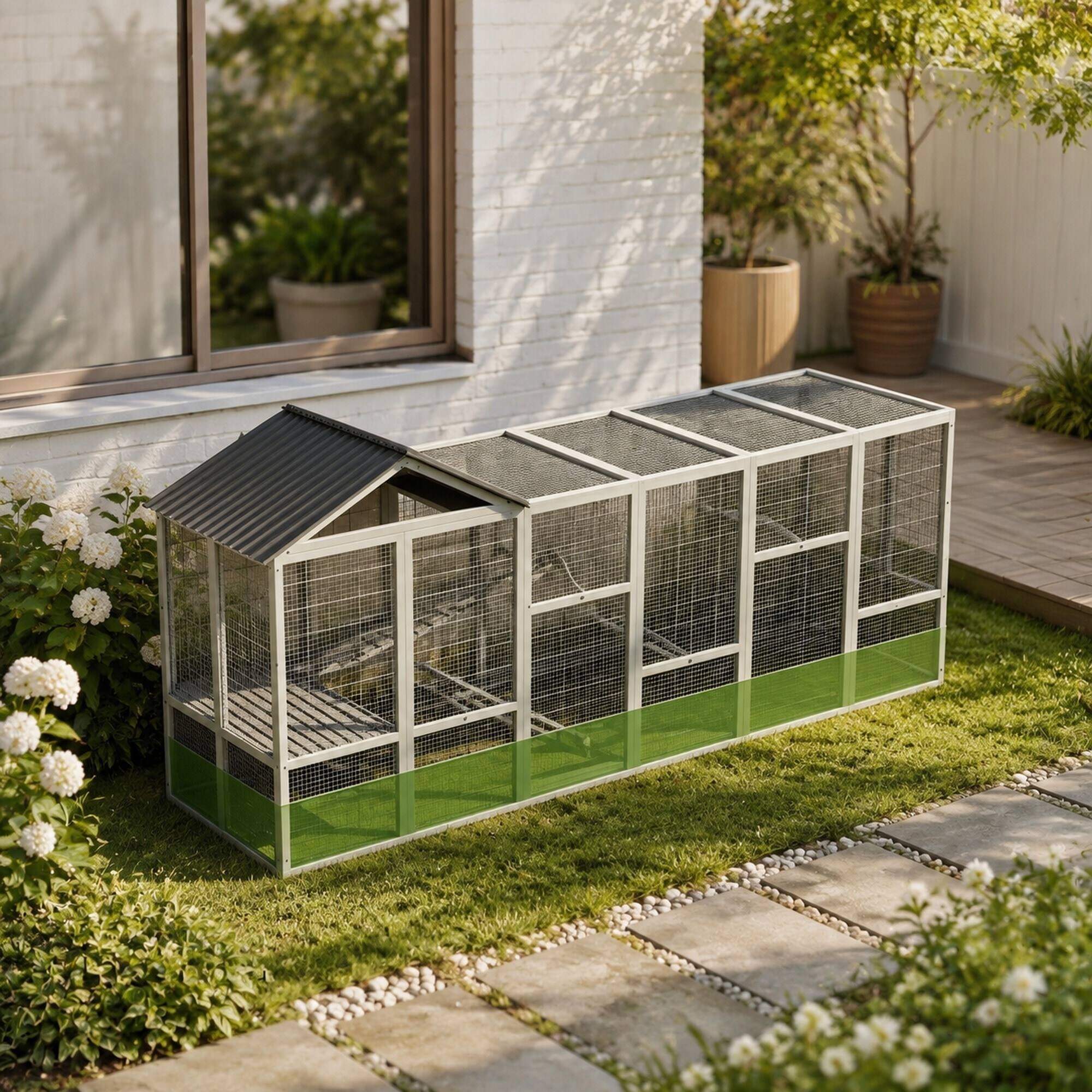 Alt View 5. RYHNUYNE - Wooden Chicken Coop Run, 141.75 in x 48 in x 61 in, Fir Wood and Metal, 2-Tier Perches, Storage, for 6-10 Chickens.
