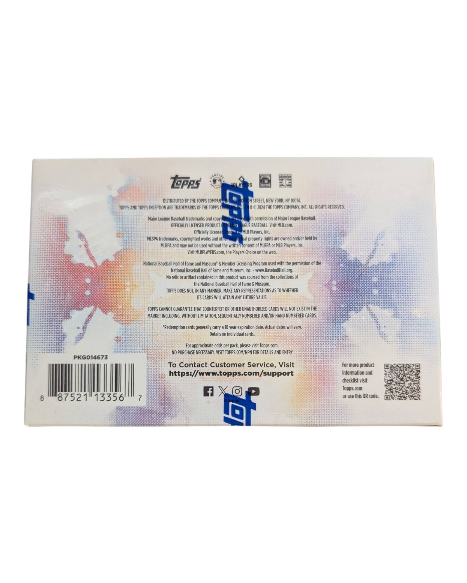 Sure, here is the corrected and grouped text from the image:

---

**Topps**

DISTRIBUTED BY THE TOPPS COMPANY, INC.  
TOPPS AND TOPPS INCEPTION ARE TRADEMARKS OF THE TOPPS COMPANY, INC.  
MAJOR LEAGUE BASEBALL trademarks and copyrights are owned by Major League Baseball and are used with its permission.  
OFFICIALLY LICENSED PRODUCT OF MLB.com  
MAJOR LEAGUE BASEBALL PLAYERS ASSOCIATION trademarks, copyrighted works and other individual property rights are owned and/or held by the MLBPA and may not be used without the written consent of the MLBPA. Visit MLBPLAYERS.com, the Players Choice on the web.  
National Baseball Hall of Fame and Museum Member Licensing Program used with the permission of the National Baseball Hall of Fame and Museum, Inc. www.BaseballHall.org  
No relic or artifact contained in this product is a genuine relic or artifact. Actual dates will vary.  
TOPPS DOES NOT, IN ANY MANNER, MAKE ANY REPRESENTATIONS AS TO WHETHER ITS CARDS WILL ATTAIN ANY FUTURE VALUE.  
TOPPS CANNOT GUARANTEE THAT COUNTERFEIT OR OTHER UNAUTHORIZED CARDS WILL NOT ENTER THE MARKET INCLUDING, WITHOUT LIMITATION, SE