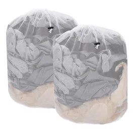 Unique Bargains - Practical 2pcs Mesh Laundry Bag 31.5x23.6 Inch Large Drawstring Net Coarse Mesh for Washing Machine and Home Travel - White
