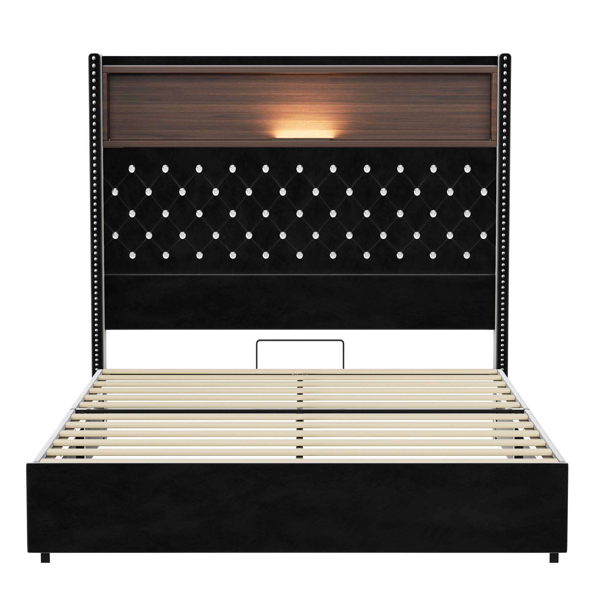 Alt View 8. GOODSILO - Luxurious Velvet Tufted Bed Frame with USB Port and Night Light, High Headboard Platform Bed - Black.