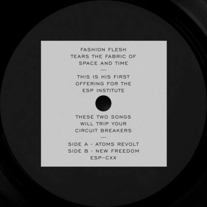 FASHION FLESH
TEARS THE FABRIC OF
SPACE AND TIME
THIS IS HIS FIRST
OFFERING FOR THE
ESP INSTITUTE
THESE TWO SONGS
WILL TRIP YOUR
CIRCUIT BREAKERS
SIDE A - ATOMS REVOLT
SIDE B - NEW FREEDOM
ESP-CXX