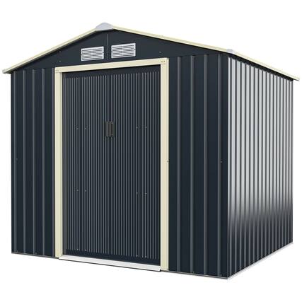 Front. Gymax - Gymax 7' x 6' Outdoor Tool Storage Shed Large Utility Storage House w/ Sliding Door - Grey.