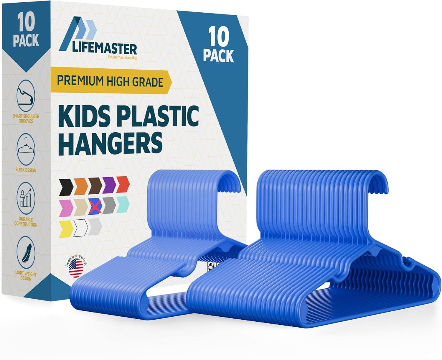Lifemaster - Kids Clothes Hangers – 10-Pack, 11.6" Plastic Hangers with Shoulder Notch, Space-Saving, Holds 5 lbs - Blue