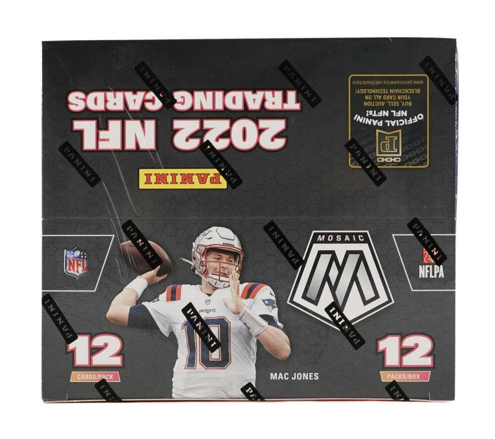 ININI PANINI www.paniniamerica.net/blockchain TECHNOLOGY! BLOCKCHAIN PANINI NO ALL CARD YOUR CARDS TRADING AUCTION SELL, BUY, NFTs! NFL PANINI OFFICIAL NFL 2022 PANINI CHOKO PANINI PANINI PANINI PANINI NFL PANINI 12 CARDS/PACK IN! MOSAIC PANINI PANINI NFLPA M PATRIOTS PAN PANINI 10 12 MAC JONES PACKS/BOX