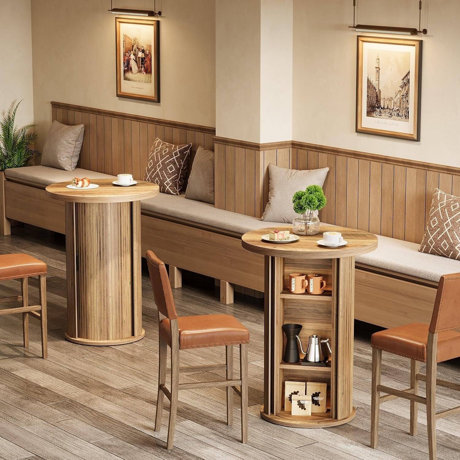 Alt View 2. Tribesigns - Bar Table with Engineered Wood Construction, Storage Shelves and Round Top for Dining Room and Kitchen - Brown.