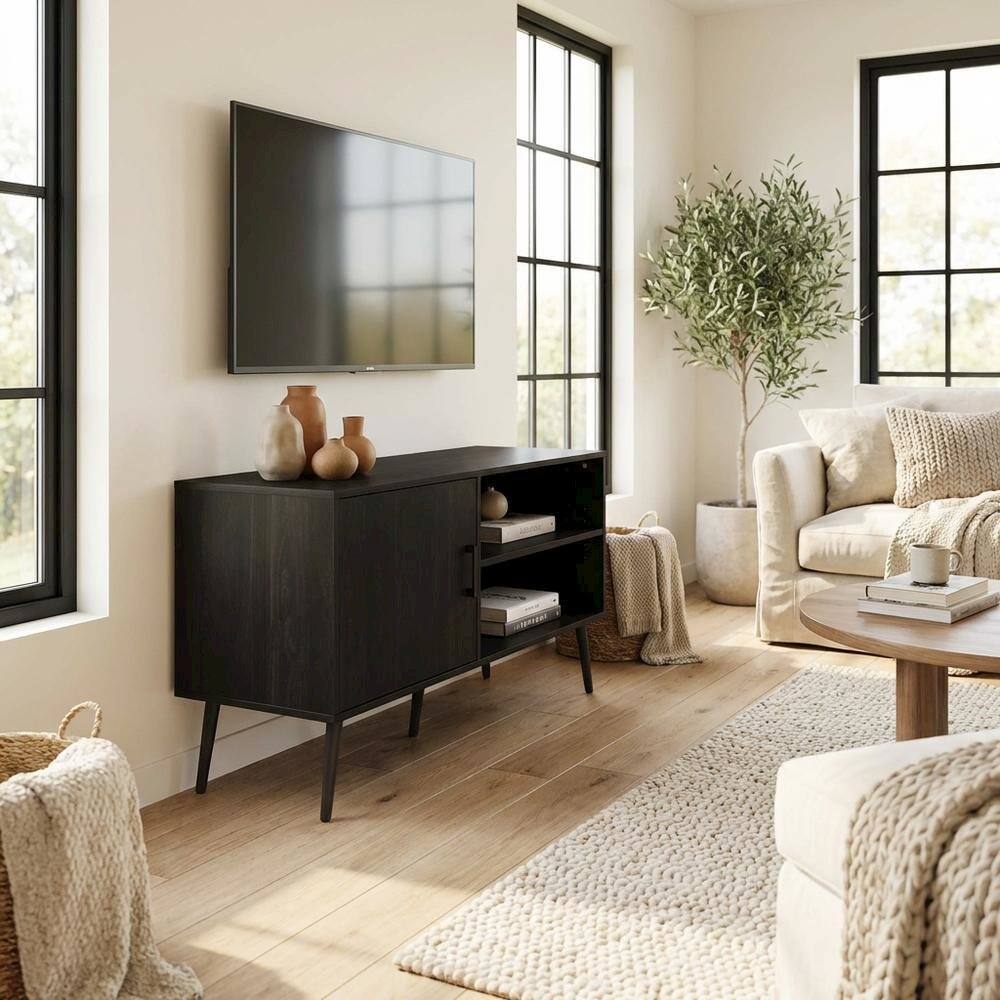 Alt View 2. FurniFact - Espresso Wood TV Stand with One Cabinet and Shelves for Living Room - Brown Black.