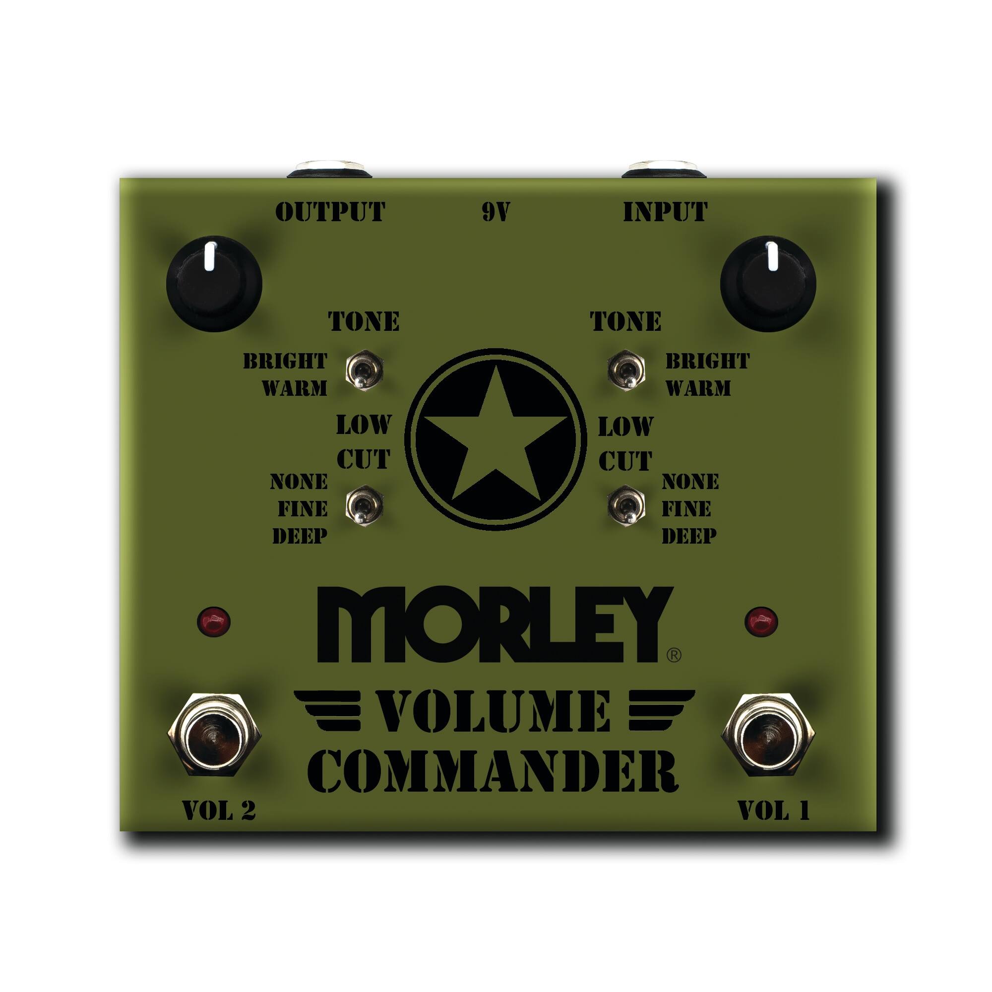 OUTPUT 9V INPUT  
TONE BRIGHT WARM LOW CUT NONE FINE DEEP  
TONE BRIGHT WARM LOW CUT NONE FINE DEEP  
MORLEY VOLUME COMMANDER  
VOL 2 VOL 1