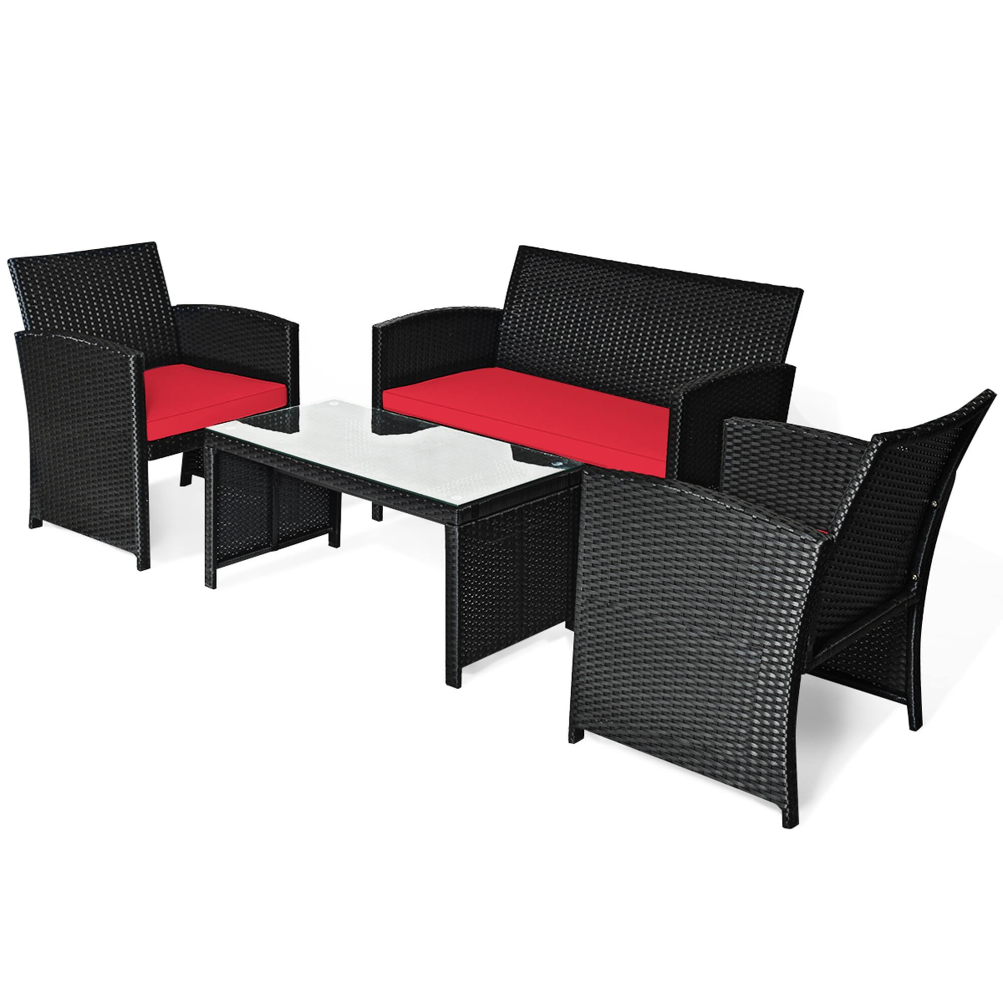 Alt View 1. Gymax - Gymax 4PCS Rattan Outdoor Conversation Set Patio Furniture Set w/ Red Cushions - Red.