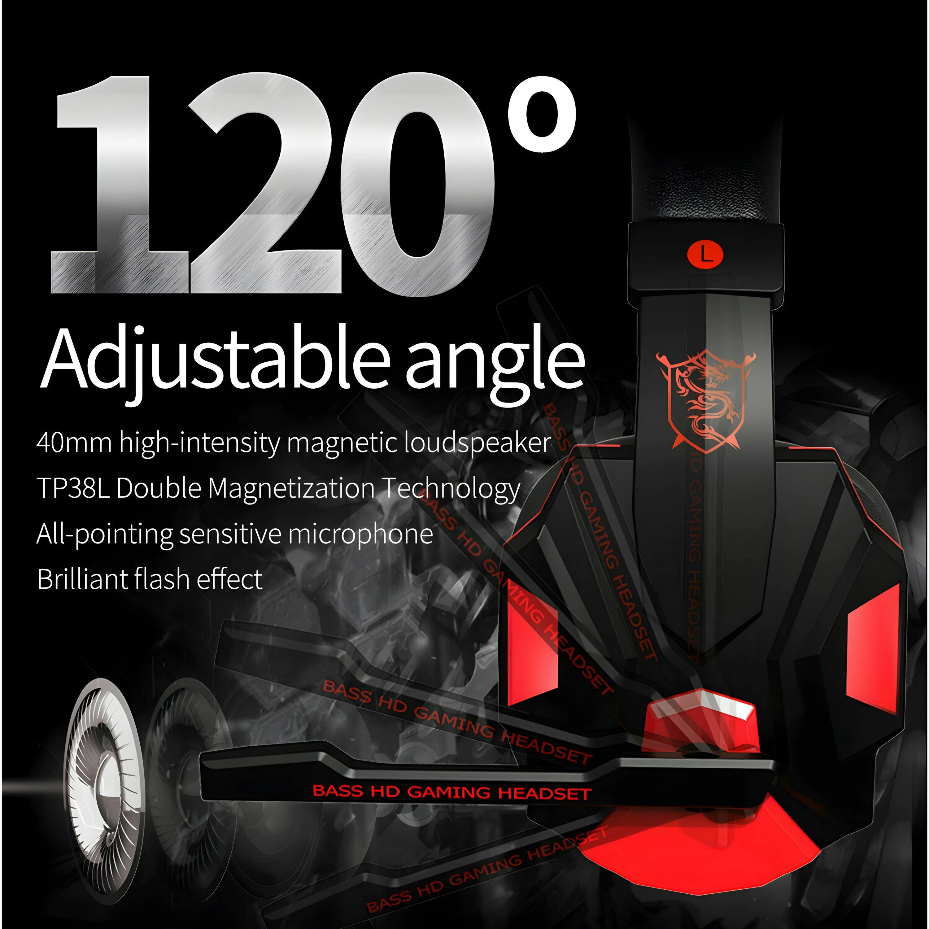120° Adjustable angle

40mm high-intensity magnetic loudspeaker

TP38L Double Magnetization Technology

All-pointing sensitive microphone

Brilliant flash effect

BASS HD GAMING HEADSET