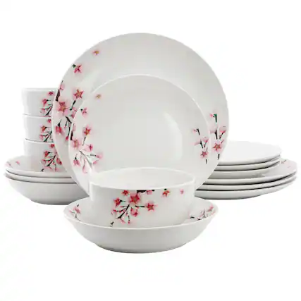 Front. Elama - Elama Tamara 16 Piece Cherry Blossom Porcelain Double Bowl Dinnerware Set, Service for 4 in White and Pink - White and Pink.